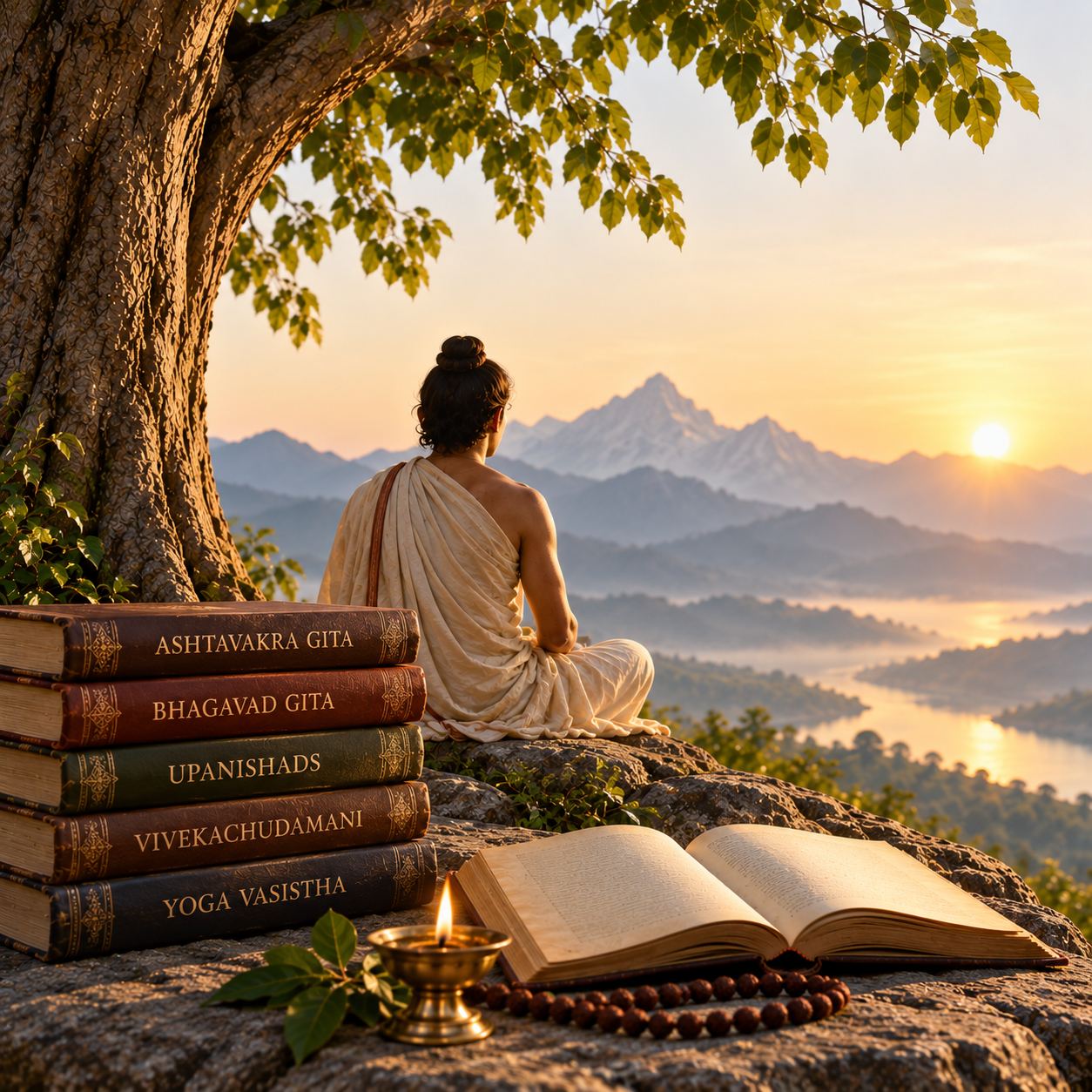 A seeker in contemplation with the texts of the Path of Knowledge